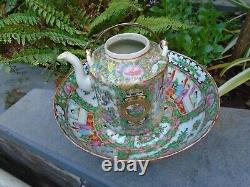 Antique Chinese cantonese hand painted porcelain bowl and teapot