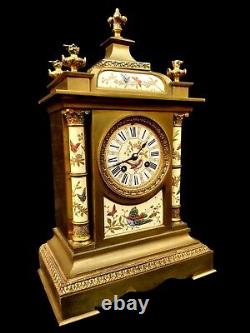 Antique Clock French Hand Painted Porcelain Bronze Fine Large Heavy Mantel Clock