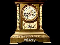 Antique Clock French Hand Painted Porcelain Bronze Fine Large Heavy Mantel Clock