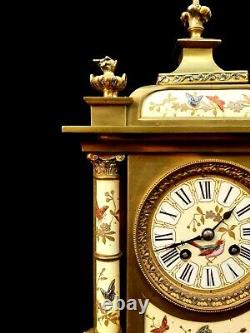 Antique Clock French Hand Painted Porcelain Bronze Fine Large Heavy Mantel Clock