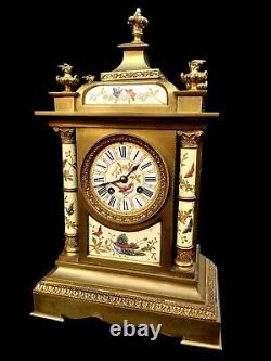 Antique Clock French Hand Painted Porcelain Bronze Fine Large Heavy Mantel Clock