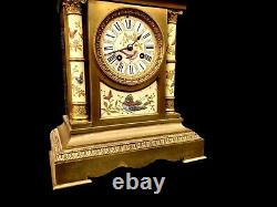 Antique Clock French Hand Painted Porcelain Bronze Fine Large Heavy Mantel Clock