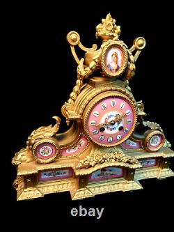 Antique Clock French Sevres Bronze Large Hand Painted Porcelain Ormolu Striking