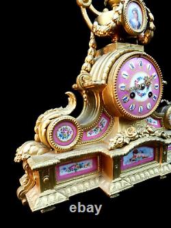 Antique Clock French Sevres Bronze Large Hand Painted Porcelain Ormolu Striking