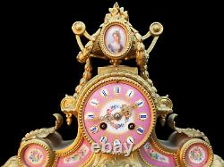 Antique Clock French Sevres Bronze Large Hand Painted Porcelain Ormolu Striking