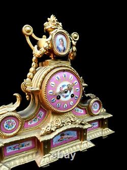 Antique Clock French Sevres Bronze Large Hand Painted Porcelain Ormolu Striking