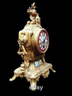 Antique Clock French Sevres Hand Painted Porcelain Panels Bronze Mantel Clock
