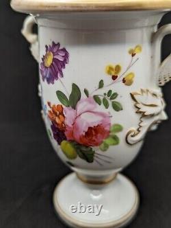 Antique Coalport Porcelain Regency Vase with Hand-Painted Flowers & Mask Handles