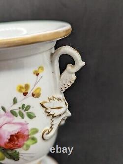 Antique Coalport Porcelain Regency Vase with Hand-Painted Flowers & Mask Handles