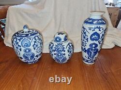 Antique Collection Of 3 Hand Painted Chinese Blue & White Ginger Jars & Vase