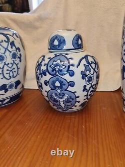 Antique Collection Of 3 Hand Painted Chinese Blue & White Ginger Jars & Vase