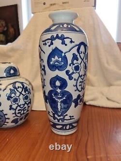 Antique Collection Of 3 Hand Painted Chinese Blue & White Ginger Jars & Vase