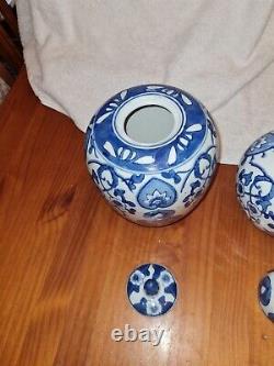 Antique Collection Of 3 Hand Painted Chinese Blue & White Ginger Jars & Vase