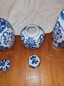 Antique Collection Of 3 Hand Painted Chinese Blue & White Ginger Jars & Vase