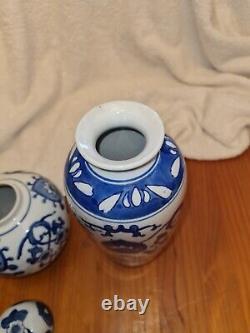 Antique Collection Of 3 Hand Painted Chinese Blue & White Ginger Jars & Vase