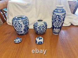 Antique Collection Of 3 Hand Painted Chinese Blue & White Ginger Jars & Vase