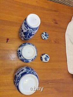 Antique Collection Of 3 Hand Painted Chinese Blue & White Ginger Jars & Vase