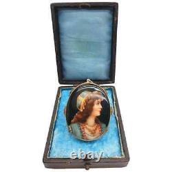 Antique Czech Hand Painted Porcelain Miniature Portrait Pendant Brooch with Box