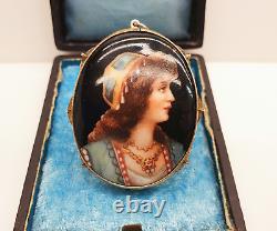 Antique Czech Hand Painted Porcelain Miniature Portrait Pendant Brooch with Box