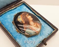 Antique Czech Hand Painted Porcelain Miniature Portrait Pendant Brooch with Box