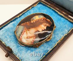 Antique Czech Hand Painted Porcelain Miniature Portrait Pendant Brooch with Box