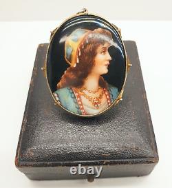 Antique Czech Hand Painted Porcelain Miniature Portrait Pendant Brooch with Box