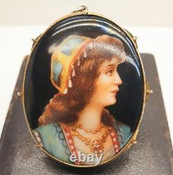 Antique Czech Hand Painted Porcelain Miniature Portrait Pendant Brooch with Box