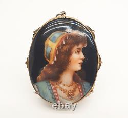 Antique Czech Hand Painted Porcelain Miniature Portrait Pendant Brooch with Box