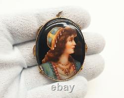 Antique Czech Hand Painted Porcelain Miniature Portrait Pendant Brooch with Box