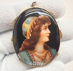 Antique Czech Hand Painted Porcelain Miniature Portrait Pendant Brooch with Box