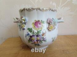 Antique DRESDEN Porcelain Hand Painted Flowers PLANT POT Planter Floral Handles