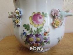 Antique DRESDEN Porcelain Hand Painted Flowers PLANT POT Planter Floral Handles