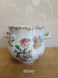 Antique DRESDEN Porcelain Hand Painted Flowers PLANT POT Planter Floral Handles