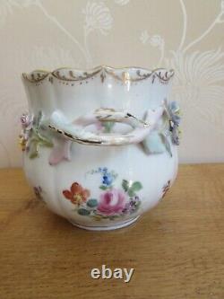 Antique DRESDEN Porcelain Hand Painted Flowers PLANT POT Planter Floral Handles