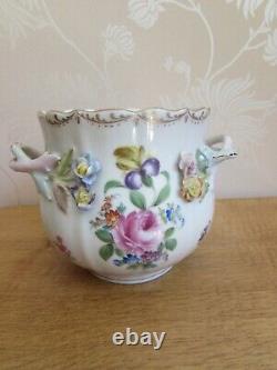 Antique DRESDEN Porcelain Hand Painted Flowers PLANT POT Planter Floral Handles