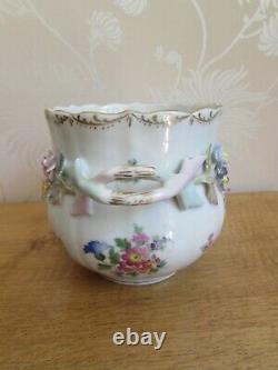 Antique DRESDEN Porcelain Hand Painted Flowers PLANT POT Planter Floral Handles