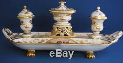 Antique Derby Porcelain Triple Inkwell and Quill Holder Hand Painted