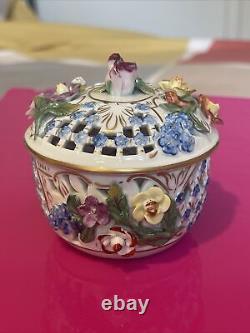 Antique Dresden Carl Thieme Applied Flowers Porcelain Reticulated Box With Lid