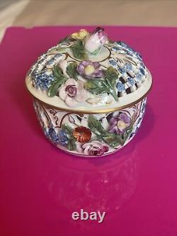 Antique Dresden Carl Thieme Applied Flowers Porcelain Reticulated Box With Lid