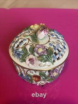 Antique Dresden Carl Thieme Applied Flowers Porcelain Reticulated Box With Lid