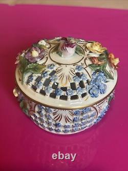 Antique Dresden Carl Thieme Applied Flowers Porcelain Reticulated Box With Lid