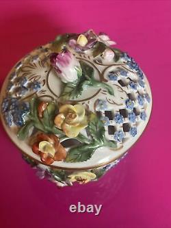 Antique Dresden Carl Thieme Applied Flowers Porcelain Reticulated Box With Lid