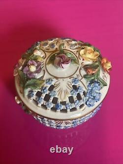 Antique Dresden Carl Thieme Applied Flowers Porcelain Reticulated Box With Lid