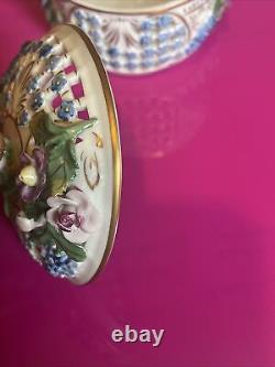 Antique Dresden Carl Thieme Applied Flowers Porcelain Reticulated Box With Lid