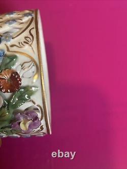 Antique Dresden Carl Thieme Applied Flowers Porcelain Reticulated Box With Lid