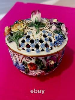 Antique Dresden Carl Thieme Applied Flowers Porcelain Reticulated Box With Lid