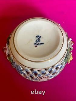 Antique Dresden Carl Thieme Applied Flowers Porcelain Reticulated Box With Lid