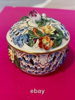 Antique Dresden Carl Thieme Applied Flowers Porcelain Reticulated Box With Lid