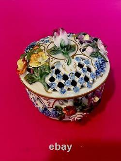 Antique Dresden Carl Thieme Applied Flowers Porcelain Reticulated Box With Lid