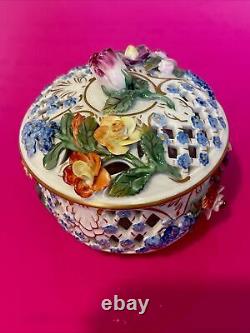 Antique Dresden Carl Thieme Applied Flowers Porcelain Reticulated Box With Lid